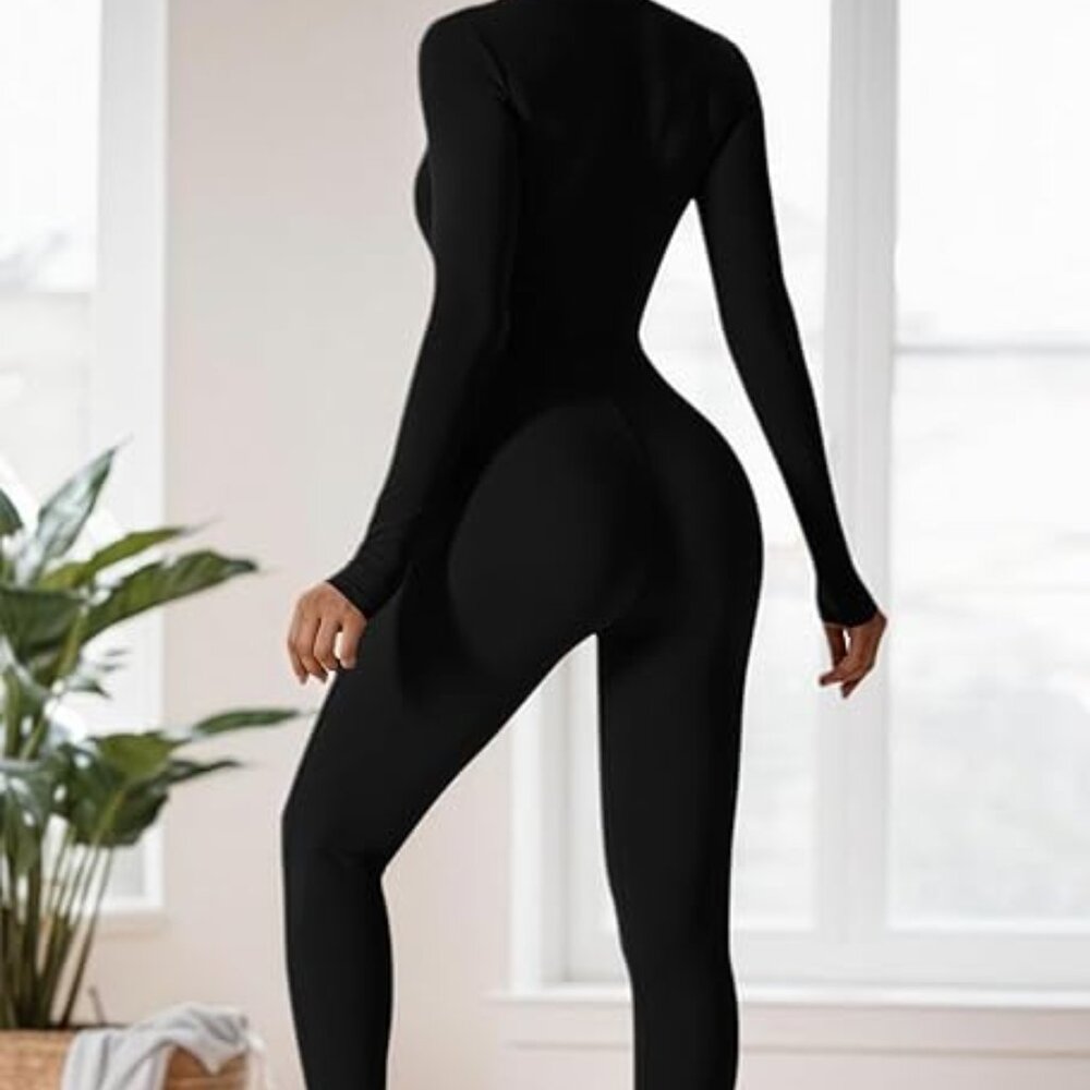 Women’s long‑sleeve zip workout jumpsuit, full‑length stretchy active bodysuit - Picture 2 of 15